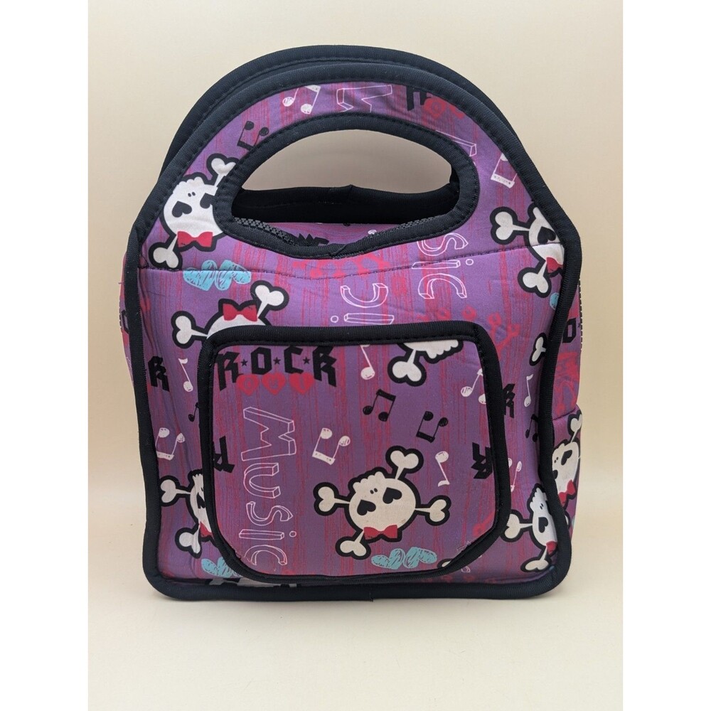 Insulated Neoprene Lunch Bag Tote Punk Rock Music Skull Crossbones Purple Pink
